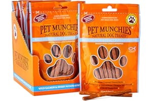 Pet Munchies Wild Salmon and Sweet Potato Dog Treats, Healthy Grain Free Dental Sticks with Natural Real Meat 90g (Pack of 8)