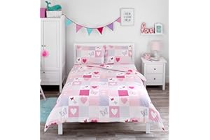 Bloomsbury Mill - Juego de Funda Nórdica Cama 105 para Niñas - Diseño de Corazones y Mariposas Rosas - Juego de Edredón Reversible y 2 Almohadas para Infantil – 200 x 200 cm