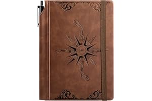 CAGIE Compass Leather Notebook Journal for Men, 100 GSM 288 Pages Lined Journals for Writing, A5 Hardcover Journaling Notebooks Gifts Set with Pen for Travel Office Daily Writing, Brown