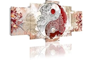 DekoArte 518 - Impression Sur Toile Moderne D'Images Artistiques | Toile Décorative Pour Votre Salon Ou Votre Chambre | Style Abstrait Ying Yang Zen Couleurs Beige et Rouge | 5 Pièces 200 x 100 cm XXL