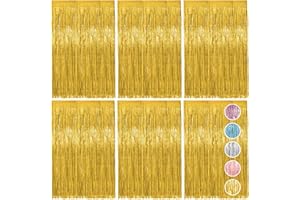 VAKTOP 6pcs Foil Curtain, Gold Tinsel Curtain, Metallic Foil Fringe Curtains, Hanging Door Streamers for Birthday Party Wedding Holiday Graduation Bridal Shower Backdrop Decoration (3.3 x 6.6ft)
