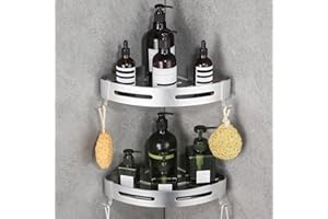 Hoomtaook Mensola Doccia Senza Foratura 2 Pezzi, Adesiva Mensola Doccia Angolare con 2 Ganci per Bagno, Argento