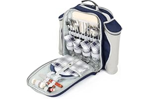 Greenfield Collection 2 Person Deluxe Navy Blue Picnic Backpack Hamper Includes Stainless Steel Cutlery, Plates, Cutting Board, Napkins, Tablecloth and More