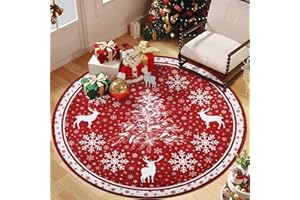 Homcomodar Christmas Area Rug With Tree 160cm Round Washable Rugs for Living Room Low Pile Anti-Slip Carpet for Bedroom Home Office Indoor Premium Faux Wool Christmas Carpet Red Festive Decor