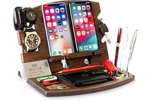 ‎TESLYAR Teslyar Podwójna drewniana stacja dokująca na telefon na biurko, doskonały prezent dla mężczyzn, na rocznicę, urodziny, na szafkę nocną, jako organizer, stojak na klucze i portfel, drewno wenge
