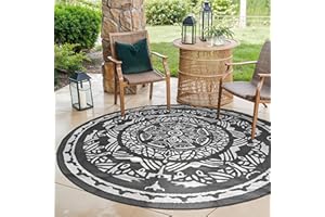 ‎EVOCAMP EVOCAMP Outdoor Teppich rund Ø 240 cm, Kunststoffteppich, wetterfest und leicht, Picknickdecke für den Outdoor-Bereich, Vorzeltteppich aus Kunststoff-Fasern, für Terrasse und Balkon (Grau-weiß)