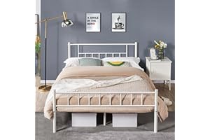 Yaheetech Metallbett 140 x 200 cm Bettrahmen mit Hohem Kopfteil, Einzelbett Bettgestell mit Lattenrost, Jugendbett mit Industriestil Gästebett Industriebett für Schlafzimmer Gästezimmer, Weiß