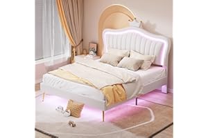 Ctastay Letto Imbottito per Bambini 140 X 200, Letto Matrimoniale con Luci LED, Rete a Doghe in Legno, Giroletto, Bianco (Senza Materasso)