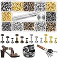 420 Sets Leather Rivets, Rivets for Leather Crafting, 4 Colors and 3 Sizes Leather Rivet Kit with 3pcs Leather Tools, Rivets for Fabric, Remaches para Cuero, Double Cap Brass Rivets for Decoration