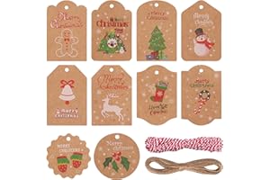 100PCS Christmas Label Gift Tags, LEUOSO 300gsm Kraft Present Hanging Label Card, 10 Pattern Styles with 10M Cotton String and Twine String for Xmas Paper Wrapping Decorations, DIY Homemade Arts Craft