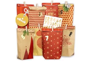 AMARI ® Calendrier de l'Avent à remplir n° 18 Red Mix – 24 sachets en papier (avec pinces en bois) pour bricolage de Noël – Sacs en papier de Noël
