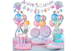 YILAKLA 122 Stück Meerjungfrau Geburtstag Deko Meerjungfrau Partygeschirr Set Meerjungfrau Party Teller Becher Servietten Tischdecke Banner Tortendeko Ballon Meerjungfrau Deko Kindergeburtstag（16 Gäste）