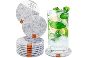 Miqio® Designerskie podstawki pod szklanki – filc i skóra – nadaje się do prania – zestaw 10 podstawek pod napoje z aplikacją z prawdziwej skóry