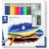 STAEDTLER 146 10C Watercolor Set - 18 Pieces with Water Brush | Watercolour pencils with water brush, eraser and sharpener, b
