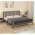 RJ ART Wooden Queen Size Bed Without Storage | Double Bed Cot Bed with Traditional Brass Work for Bedroom & Hotel | Platform Bed/Palang, Sheesham Wood, Walnut Finish, Recommended Mattress Size:78 X 60