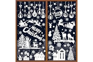 LEUOSO 9 Sheets Christmas Window Stickers,256PCS Double Sided PVC Static Xmas Window Clings, Christmas Tree Snowflake Snowman Window Party Decorations Sticker