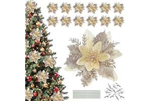 HZYIQ 12 Pz Fiori per Albero di Natale, Stella di Natale Artificiale Fiori per Albero di Natale, Finti Fiori di Natale Poinsettia Glitter Ornamenti Decorazioni Addobbi Natalizi con Clip, 14 x 14cm (Oro)
