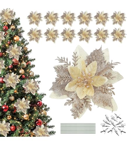 12 Fiori Di Natale Artificiali TOYANDONA Con Glitter | Poinsettie Con Stelo E Clip | Decorazioni Albero E Casa, 15cm, Rosso