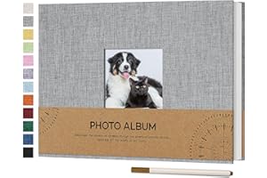 Vienrose Self Adhesive Photo Album with Picture Window for 4 x 6 Photos, Linen Cover DIY Scrap Book Album 60 White Pages for Travel Photo Book with a Ballpoint Pen, 21.5 x 30 cm, Grey