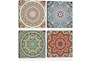 HPNIUB Marokkanische Vintage Mandala-Blumen-Wandkunst, Boho-Bohemian Mexikanische Talavera Marokkanische Gerahmte Wanddekoration, Mittelöstlicher Hippie-Zimmer-Deko-Set (4-teilig, 40x40cm)