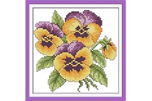 OWN4B - Kit per punto croce stampato con motivo stampato "Il fiore della felicità" da 11 ct, 21 x 21 cm, kit per ricamo fai da te (viole del pensiero)