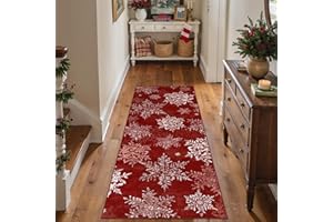 PureCozy Christmas Hallway Runner Rugs, 60x180 cm Washable Xmas Snowflake Kitchen Entryway Low Pile Soft Red Area Rugs for Bedroom Laundry Living Room Office, Non Slip Carpet for Home Decor