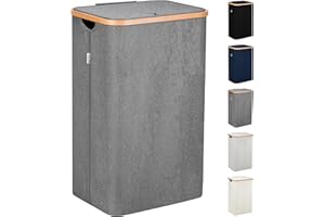 Lonbet - Kosz na pranie z pokrywką duży - XXL 100 litrów - kosz na pranie drewno bambusowe - kosz na pranie szary z uchwytami - szary Laundry Basket - Laundry Hamper with Lid