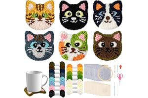 WATINC 22PCS Craft Punch Needle Coaster Kit with Cat Pattern DIY Embroidery Kit for Beginner Easy Embroidery Art and Crafts Needle Coaster with Instruction for Adults