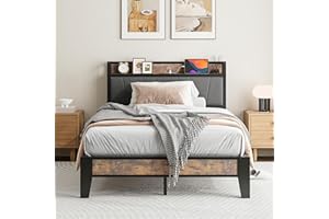 IRONCK Small Double Bed Frame with Storage Shelf Upholstered Headboard, Platform Bed Frame with Charging Station, Metal Bed Frame/UnderBed Storage, Enhanced Support Noise Free, Vintage Brown+Grey