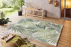 ‎HANSE HOME NORTHRUGS In- und Outdoor Teppich 80x150cm - Wetterfest Boho Modern Palmen Blätter Florales Muster Läufer Terrassenteppich Balkonteppich Küchenläufer Badteppich Wohnzimmerteppich Wasserfest in Grün