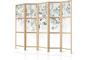 murando Room divider XXL Flower Leaves Green Nature 225x171cm / 89"x68" 5 pieces Non-Woven Canvas Single-Sided Folding Screen Privacy wood pattern design hand made Home office Japan b-A-0694-bh-d
