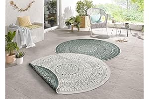 ‎HANSE HOME Northrugs Porto In- und Outdoor Teppich Rund – Runder Wendeteppich Wasserfest Mandala Design Flachgewebe Teppich Wetterfest für Balkon, Terrasse, Garten, Wohnzimmer in Grün Creme, ⌀240cm