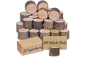APICORT Kartenhalter Holz - 20 Stück Rustikale Tischkartenhalter Holz mit 20 Kraftpapier Tischkarten, Ideal für Hochzeit, Party, Restaurant, Foto, Memo