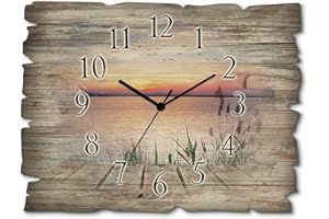 ‎ARTLAND ARTLAND Wanduhr ohne Tickgeräusche aus Holz Funkuhr 40x30 cm Rechteckig Lautlos See Steg Landschaft Sonnenuntergang Sonne Ländlich T9QD