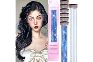CWAWF Clip in Hair Tinsel Kit, 6 Stück 20 Zoll hitzebeständige glitzernde Feenhaar-Lametta-Clip-in-Extensions, glänzend funkelnde Haar-Accessoires für Frauen, Mädchen, Kinder (Clip-Schatz Blau)