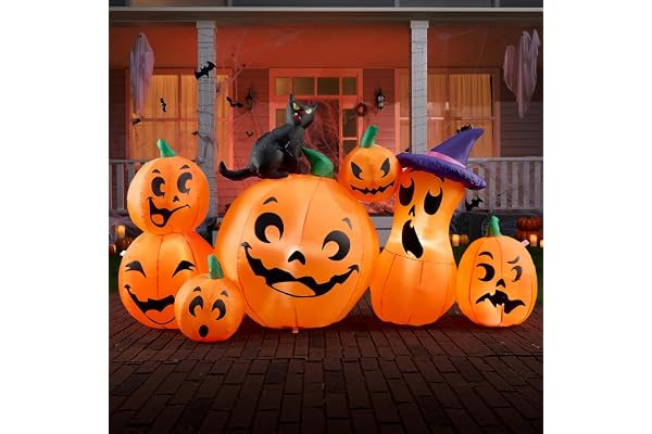 Joiedomi 15 cm lång 7 st Halloween uppblåsbar pumpa med häxkatt utomhus halloween dekorationer med inbyggda lysdioder uppblåsbara uppblåsbara leksaker för halloween inomhus, utomhus, gård, trädgård