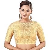 Damen Brokat Saree Bluse Mit U-Ausschnitt - Fertig Genäht In Gold & Rot