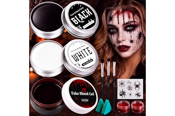 140 g Halloween Sminkset, Make-up-set Konstblod Kroppsfärg SFX-smink | Halloween Ansiktsfärg med 5 Färger, 3 Penslar och 2 Tatueringar, Teatersmink Ansiktsmålning för Karneval, Fest, Cosplay