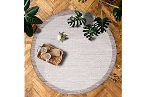 payé Outdoor Teppich Rund - 160x160cm - Wetterfest - Beige Weiß - Bordüre - Teppiche für Terrasse Balkon Garten Indoor