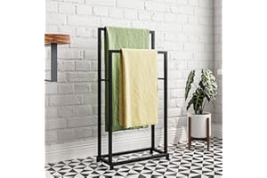 FOUBAM Handtuchhalter, Handtücher Handtuchständer freistehend mit 2 Handtuchstangen, Badezimmer Badetuchhalter Stahl, Bad Handtuchhalter, schwarz