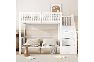 ‎JOVIFY Hochbett 90x200, Etagenbett mit Treppe, Kinderbetten Stauraumbett Einzelbett Bettgestell aus Kiefernholz, Funktionsbett Stockbett Jugendhochbett mit Rausfallschutz und Lattenrost, ohne Matratze, Weiß