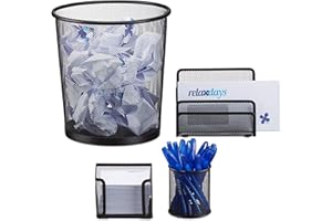 Relaxdays Organizer biurkowy, zestaw 4 sztuk, metalowy, zestaw biurkowy, półka, pudełko na kartki, pojemnik na długopisy, kosz na śmieci, czarny