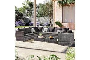 KAYAN Rattan Corner Sofa Garden Furniture Set with Table, Outdoor Patio 9 Seater Rattan Corner Garden Sofa Furniture Set, Grey