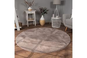 Paco Home Tappeto Salotto e Camera da Letto Moderno a Pelo Corto - Morbido, Lavabile, Antiscivolo, in Finta Pelliccia, Dimensione:Ø 120 cm tondo, Colore:Taupe