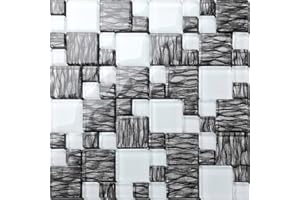 DETONTSAI Graphite Effect and Superwhite Combination Glass Mosaic Tile Sheets Bathroom (MT0077) (1 Sheet)
