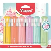 Maped Pastel Highlighters, 6 Soft Colored Markers, 1-5mm Chisel Tip, Fluorescent Ink for Paper, Snap Cap, Ideal for Office an