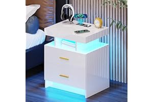 ‎FIGBIRD Figbird LED Nachttisch mit kabelloser Ladestation, Hochglanz Nachtschrank mit 1 USB & Type-C Anschluss, 3-Farben LED Nachttisch mit Menschliche Körperinduktion für Schlafzimmer