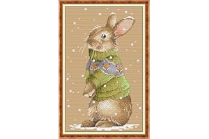 Stitchmelody Stamped Cross Stitch Kits,11CT Printed Pattern Embroidery Kit DIY Home Décor Needlework-Winter Rabbit 24cm×38cm