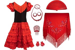 Gojoy shop - Disfraz de sevillana Flamenco para Mujer, Contiene: Vestido, mantón y Accesorios. (3 Colores y 7 Tallas Diferentes.)