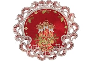 HanaQi Weihnachten Tischläufer Tischdecke Dunkelrot Leinenoptik Rot Kerzen Stickerei (30 cm Rund)